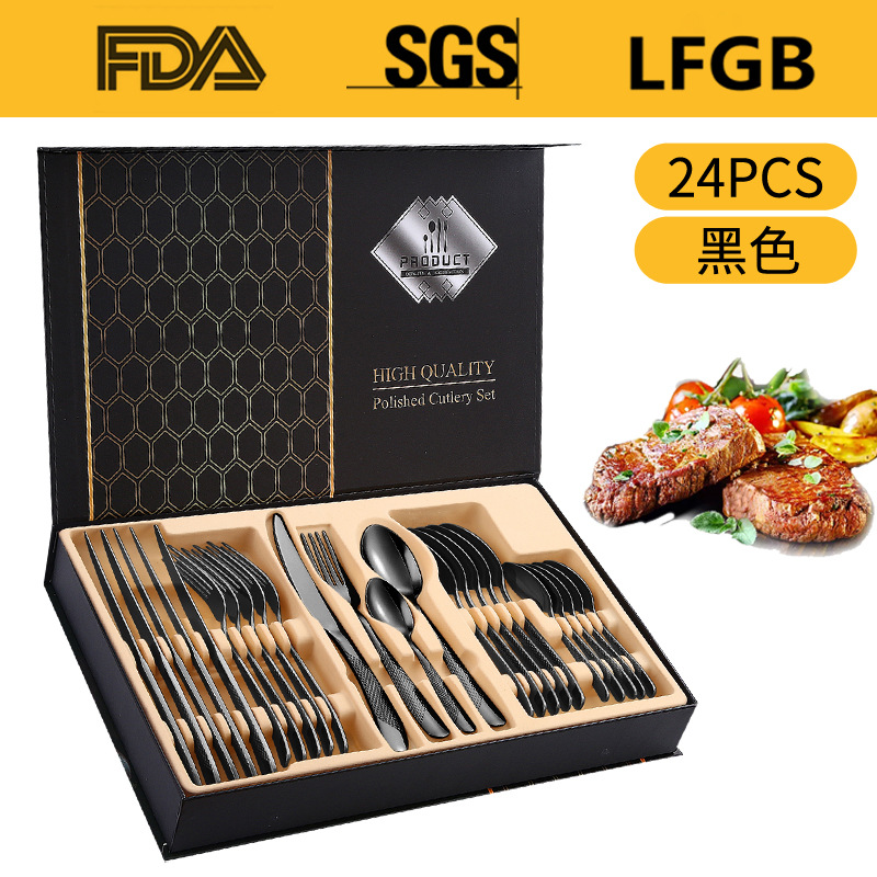 Juego de Cubiertos de Acero Inoxidable de 24 Piezas en Caja de Regalo, Diseño de Estrella y Diamante, Cuatro Piezas Principales, para Hotel, Restaurante, Comida Occidental, Cuchillo, Tenedor, Cuchara