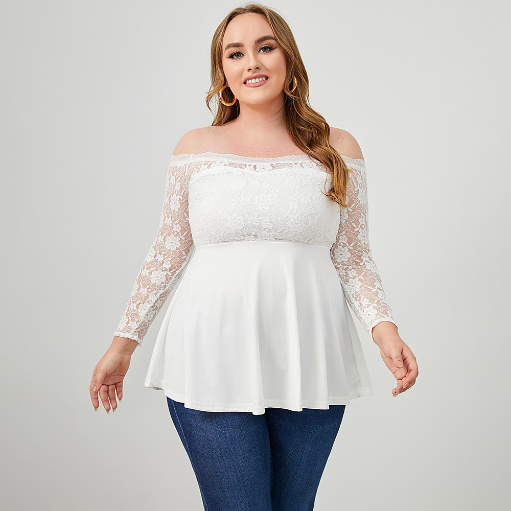 Plus Size One-Word Neck Long Sleeve Solid Color Flower Lace Top NSWCJ112806