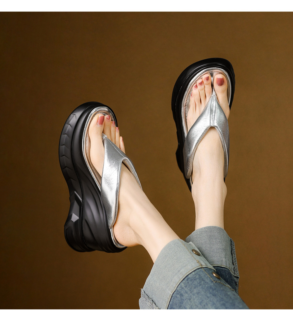 Dép xỏ ngón nữ đế xuồng cao gót 9 cm phong cách platform — màu đen, bạc chi tiết 7