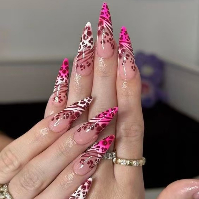 Pink and White Dual-Tone Leopard Print French Long Pointed Striped Design Press-On Nails European and American Cross-Border Fake Nails Pink and White Dual-Tone Leopard Print French Long Pointed Striped Design Press-On Nails European and American Cross-Border Fake Nails