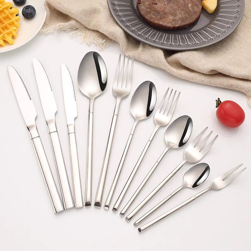 German Thickeneded Square Handle 304 Stainless Steel Knife, Fork and Spoon Hotel Western Steak Knife and Fork Dessert Spoon Tableware Set