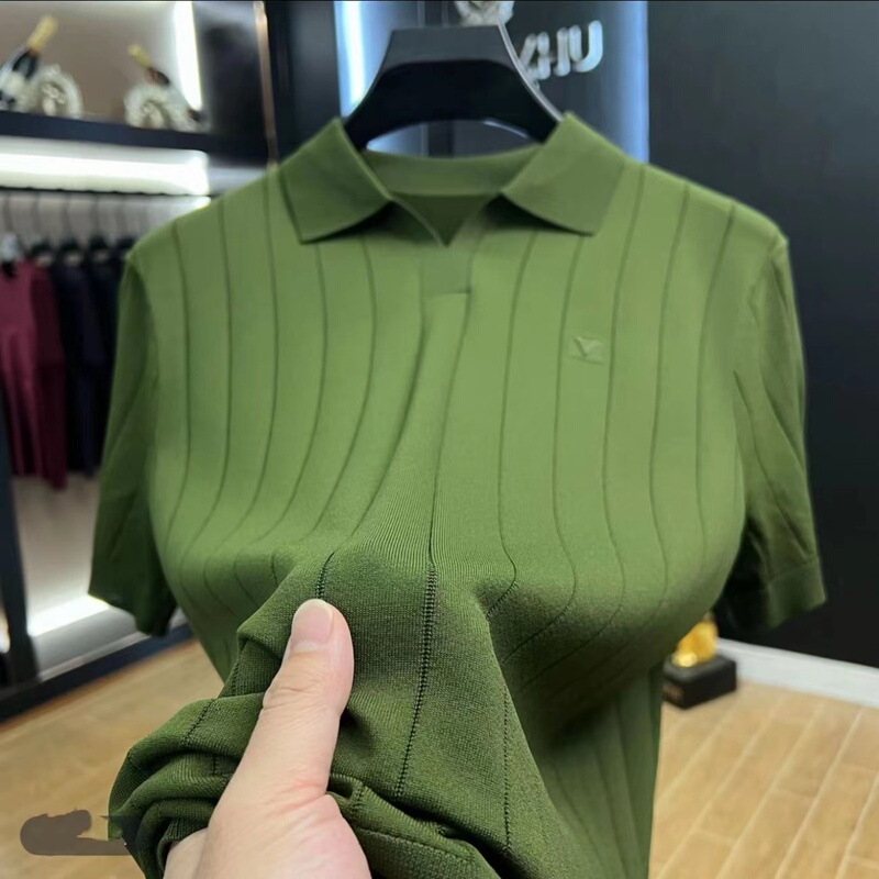 Old Money Style Avocado Green V-Neck Vertical Striped Knit Short-Sleeve Men's Summer New Fashion Slim-Fit Half-Sleeve T-Shirt for Men