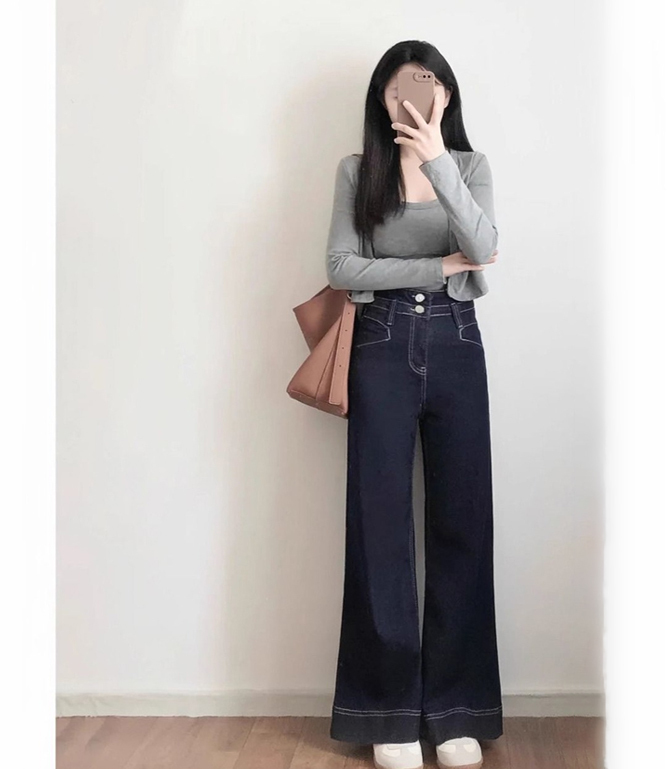 大码女装2025春秋新款高腰直筒牛仔裤女胖mm宽松显瘦阔腿拖地长裤|undefined