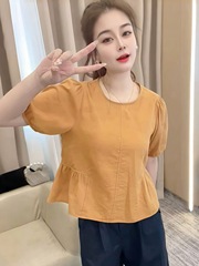法式气质简约圆领短袖衬衫女夏季2025新款设计感宽松显瘦百搭上衣