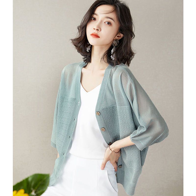 [Global Selection] Ice Silk Knitted Cardigan for Women, Thin Loose V-Neck Sun Protection Air Conditioning Shirt, Mulberry Silk Top for Summer
