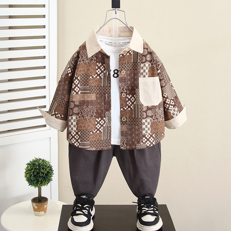 6076 niño primavera y otoño camisa de flores de moda traje de tres piezas traje de chaleco de otoño para niños guapo de moda 2024 nuevo niño