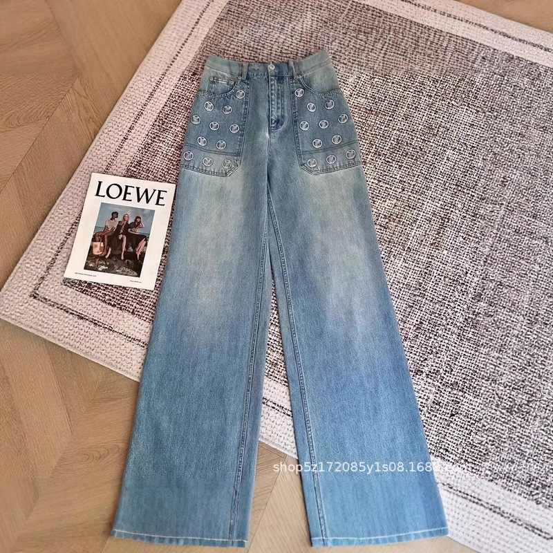 Nanyou Ma Huajia Letter Circle Sequin Washed Blue Jeans for Women, New Spring and Autumn High-Waisted Wide-Leg Jeans