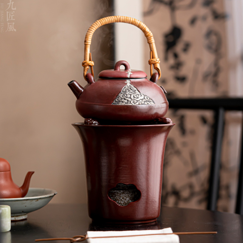 紅釉祥雲提梁壺鎏銀泡茶壺單壺酒精溫茶爐底座家用圍爐煮茶小火爐