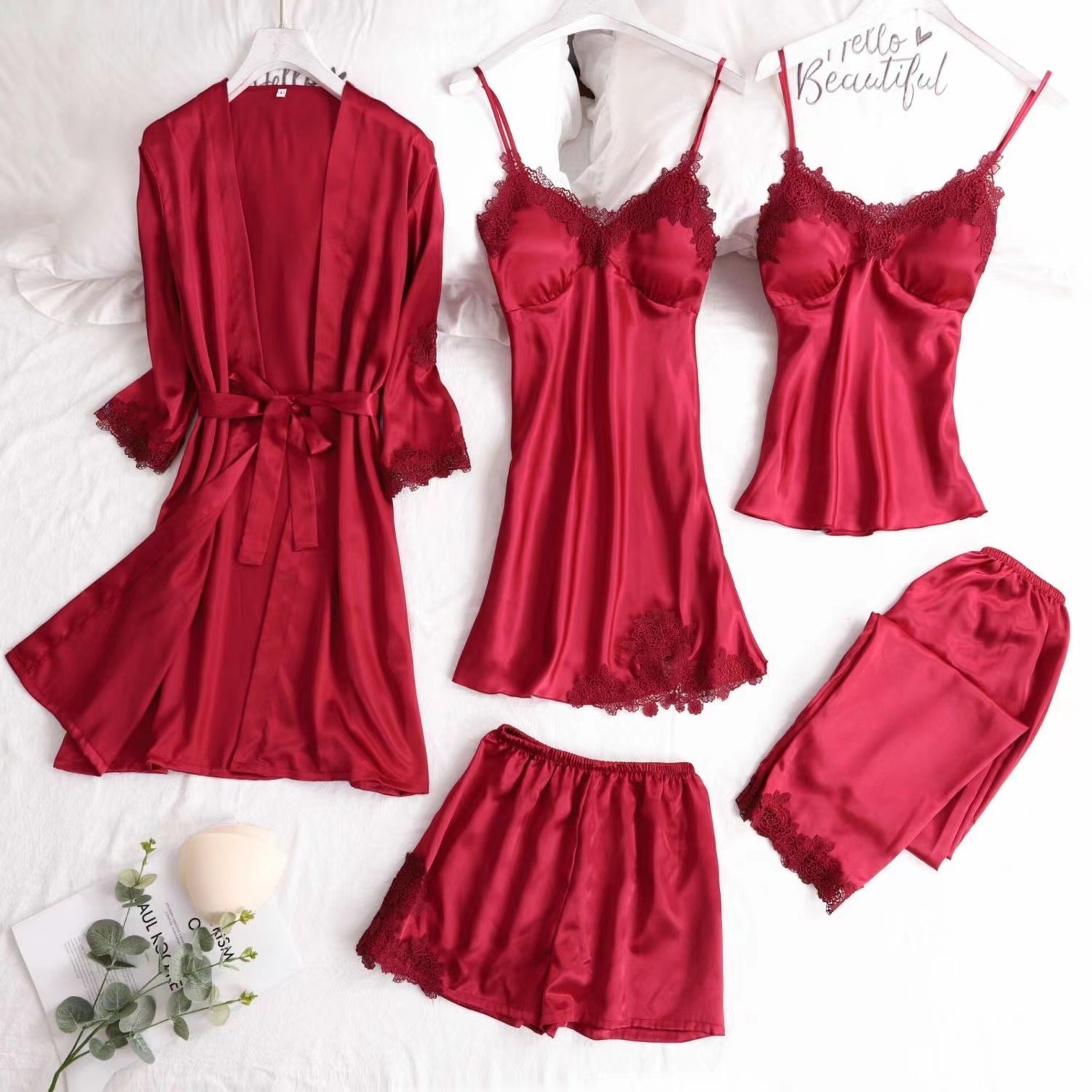 Pajamas for Women Summer with Breast Pads Silk Sexy Suspenders Lace Water-Soluble Flower Five-Piece Set Pajamas Thin Women's Home Clothes