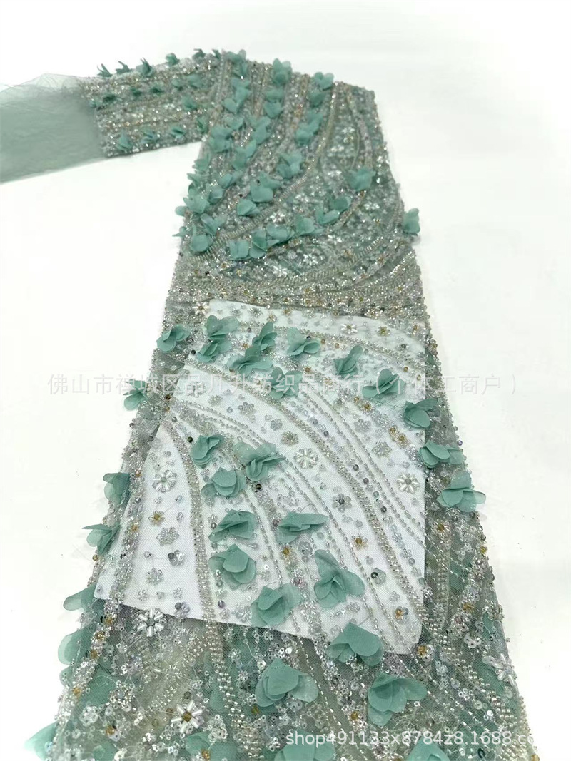 Tejido de bordado de tubo de perlas decalcado a mano diseño ligero lujoso de moda espectáculo de escenario vestido de tela de encaje