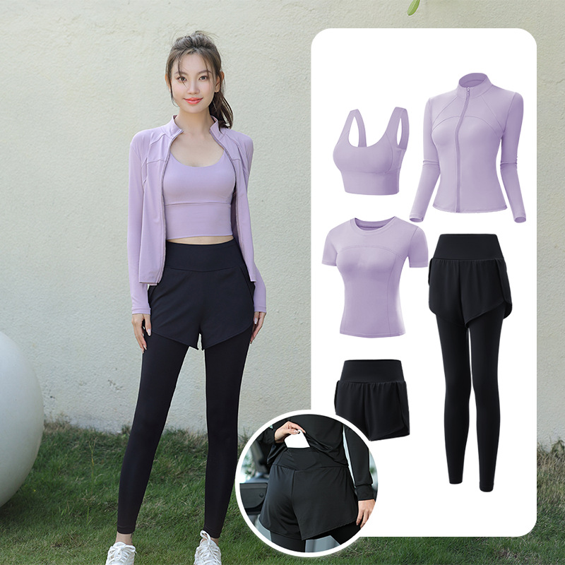 Trajes de yoga para mujeres de verano para correr ropa deportiva suelta rápida ropa seca bolsillo para correr trajes de mujeres de la mañana para correr comercio exterior