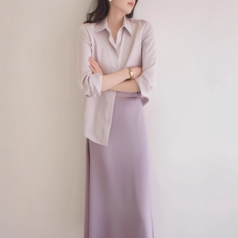 LOST AND FOUND light purple dark pattern wrinkle satin matte long sleeve chic shirt gentle elegant top