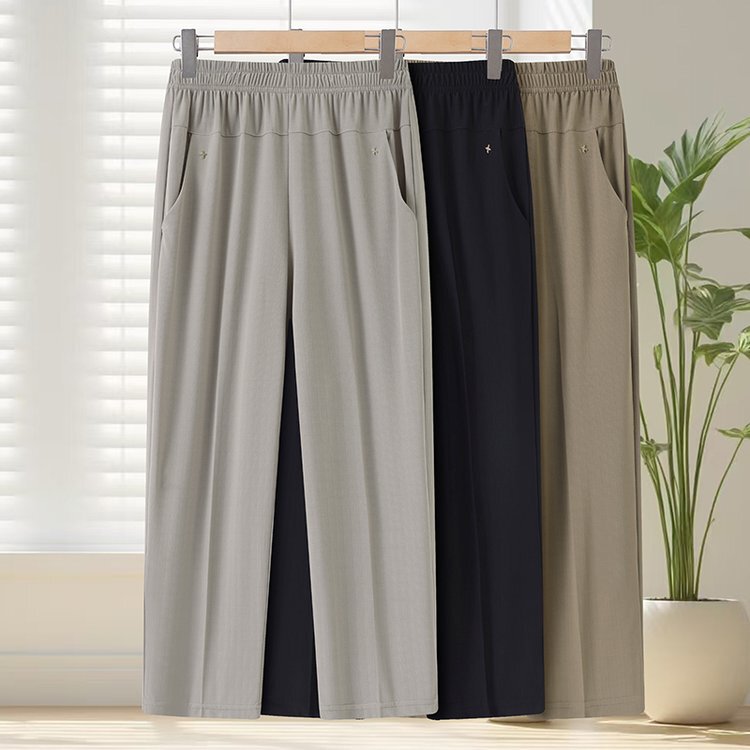 Mom's Summer High-Waisted Cropped Pants, Loose-Fitting Middle-Aged and Elderly Women's Pants, Thin Summer Wear, Grandma's Straight-Leg Casual Pants