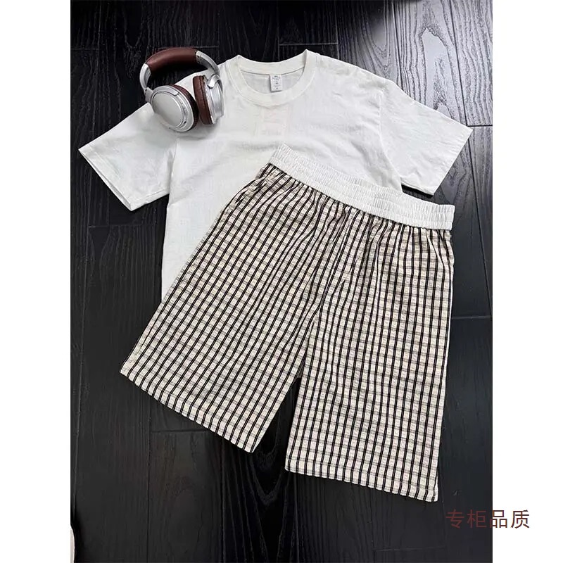 Seersucker Plaid Shorts Men's Summer Thin Splicing Design Straight Pants Casual Wide-Leg Casual Pants
