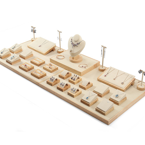 High-end solid wood and bamboo velvet necklace jewelry display and display stand set jade showcase decorative display rack and tray