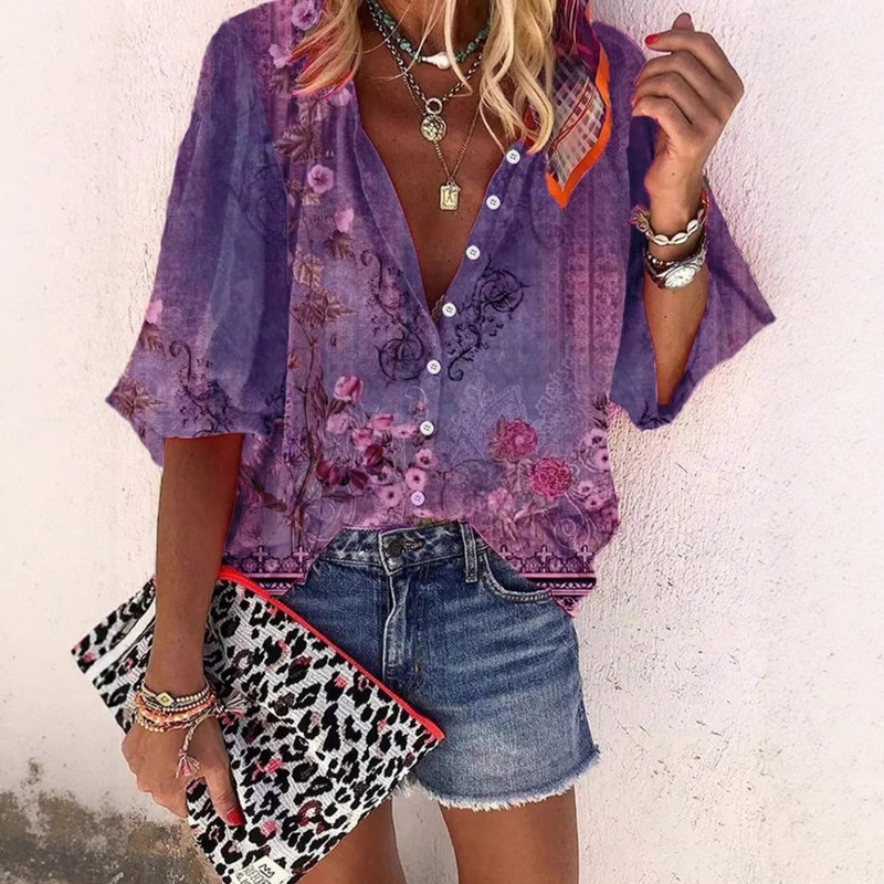 Western Ethnic Style Geometric Print Three-Quarter Sleeve Women's Shirt European and American Cross-Border Vacation Style Western Ethnic Style Geometric Print Three-Quarter Sleeve Women's Shirt European and American Cross-Border Vacation Style