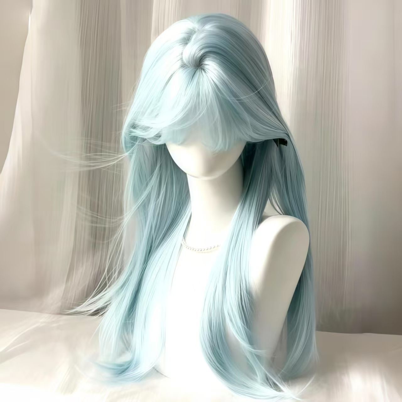 Koni Parykk [Baby Blue] Dame vår/sommer Ny stil Milk Blue Bangs Naturlig langt rett hår JK