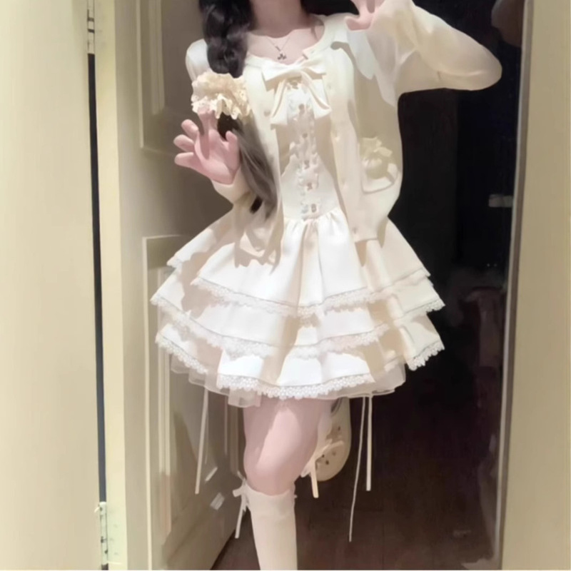法式甜美超好看开衫外套蓬蓬蛋糕连衣裙两件套小个子春秋穿搭|undefined