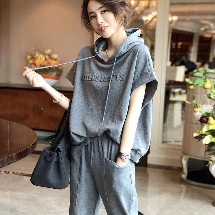 Women's Sports Casual Hooded 2026 Summer New Loose Versatile Short Sleeve Plus Size Two-Piece Set Cross-Border Wholesale_ecoleips.com