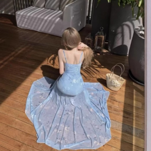 海辺の夏バレエリゾートスタイルスーパーフェアリーレーススプライシングサスペンダースカートメッシュブルーミングフラワーフィッシュテールスカートが美しい|undefined