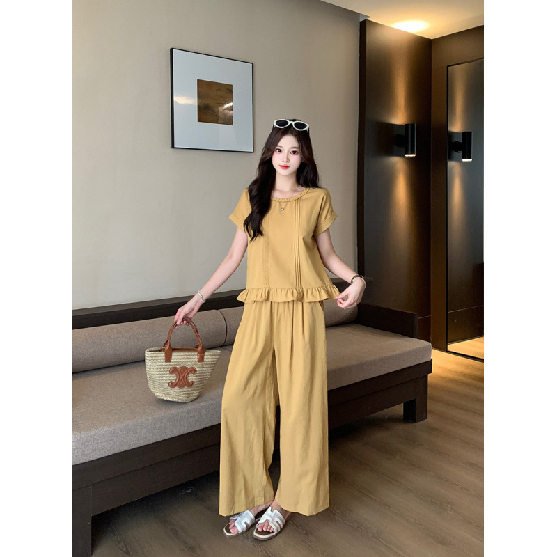 2025夏装新款胖mm大码女甜美减龄飞飞袖木耳边短袖阔腿裤套装|undefined