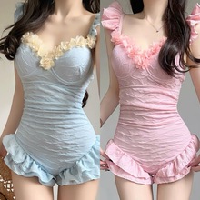 2025新款奶乎乎baby蓝连体荷叶边保守纯欲遮肉显瘦聚拢度假泳衣女