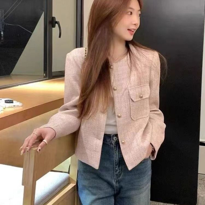 French Pink Chanel Style Thick Coat Women's High-end Elegant Spring and Autumn Short Design Long-sleeved Top