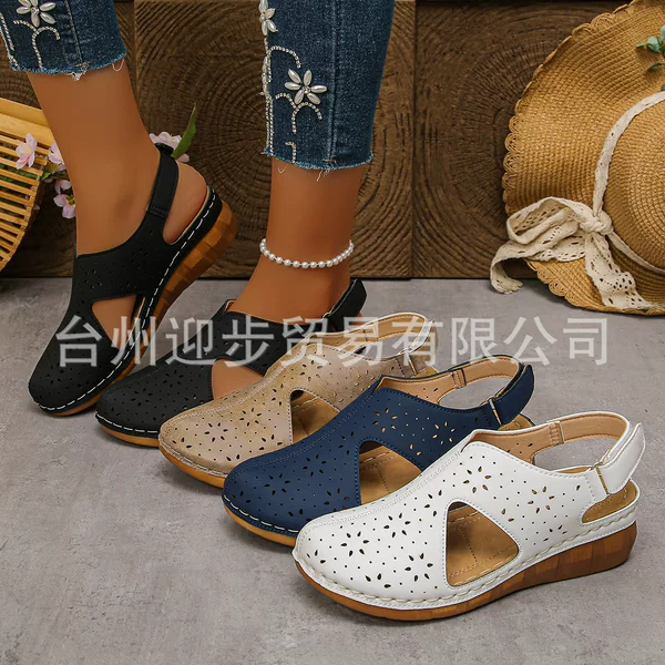 Cross-Border European and American Casual Sandals 2025 New Cut Out Breathable Velcro Straps Wedge Heel Fish Mouth Car Stitching Baotou
