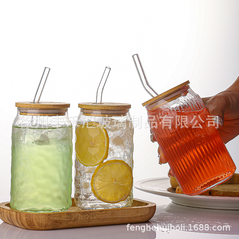 Amazon 480ml Cross-border 16oz New Glass Creative Juice Bamboo Lid Mason Straw Coke Cup