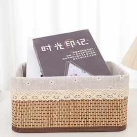 编织折叠橱柜收纳筐日式家用茶几杂物盒仿藤编织整理筐桌面收