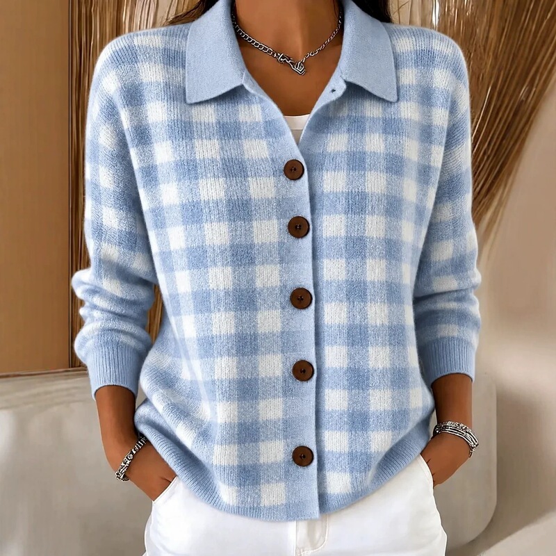 Amazon 2026 European and American cross-border autumn and winter new women's loose versatile plaid long-sleeve turn-down collar cardigan sweater Amazon 2026 European and American cross-border autumn and winter new women's loose versatile plaid long-sleeve turn-down collar cardigan sweater