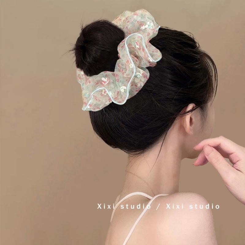 夏季甜美碎花网纱大号大肠发圈女扎头发丸子头发绳侧马尾头绳皮筋|undefined