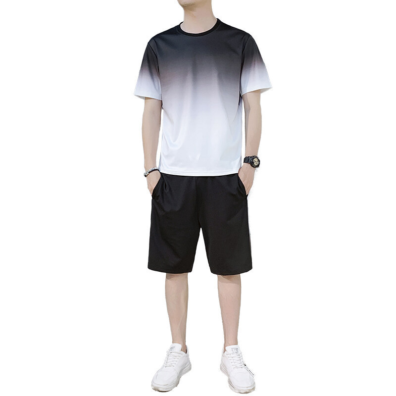Fábrica directa de verano de dos piezas juvenil pantalones cortos de moda deportivos ociosos con cuello redondo gradiente camiseta de manga corta