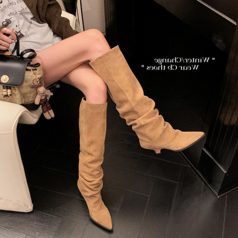 Cross-Border Foreign Trade Stylish Pleated Pointed Toe Thin Heel Matte Long Boots Slip-On Cowhide Versatile Knee-High Women's Boots