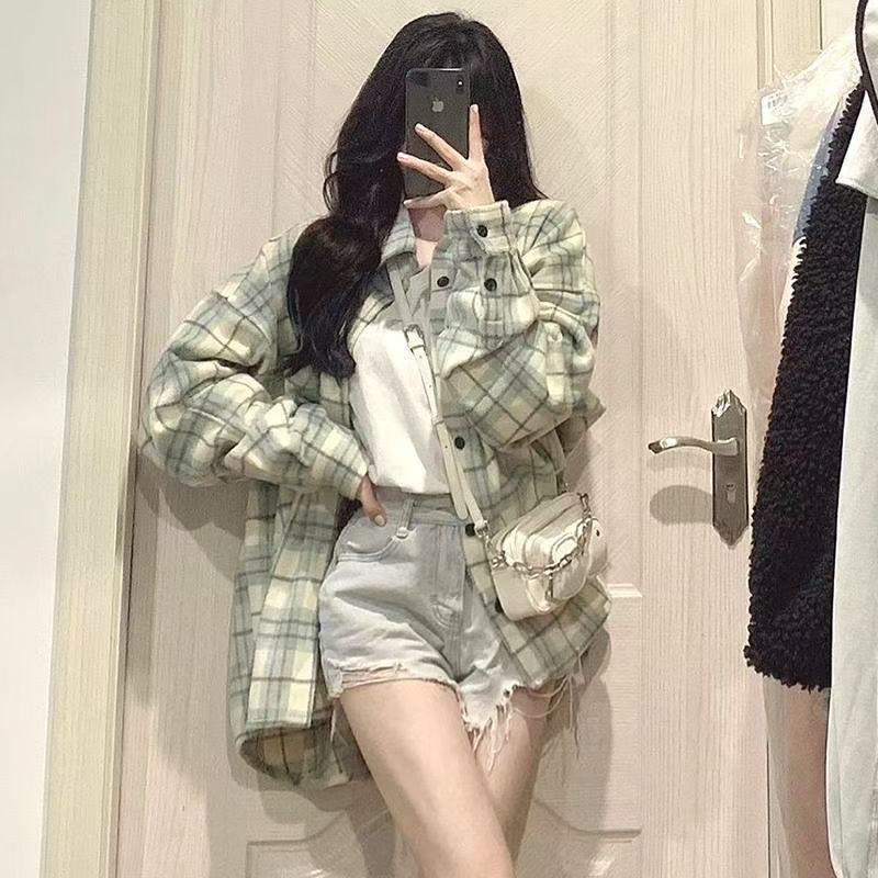 韓国系高級デザイン感のある女性2025春のフレンチレトロなゆったりした格子シャツのコート|undefined