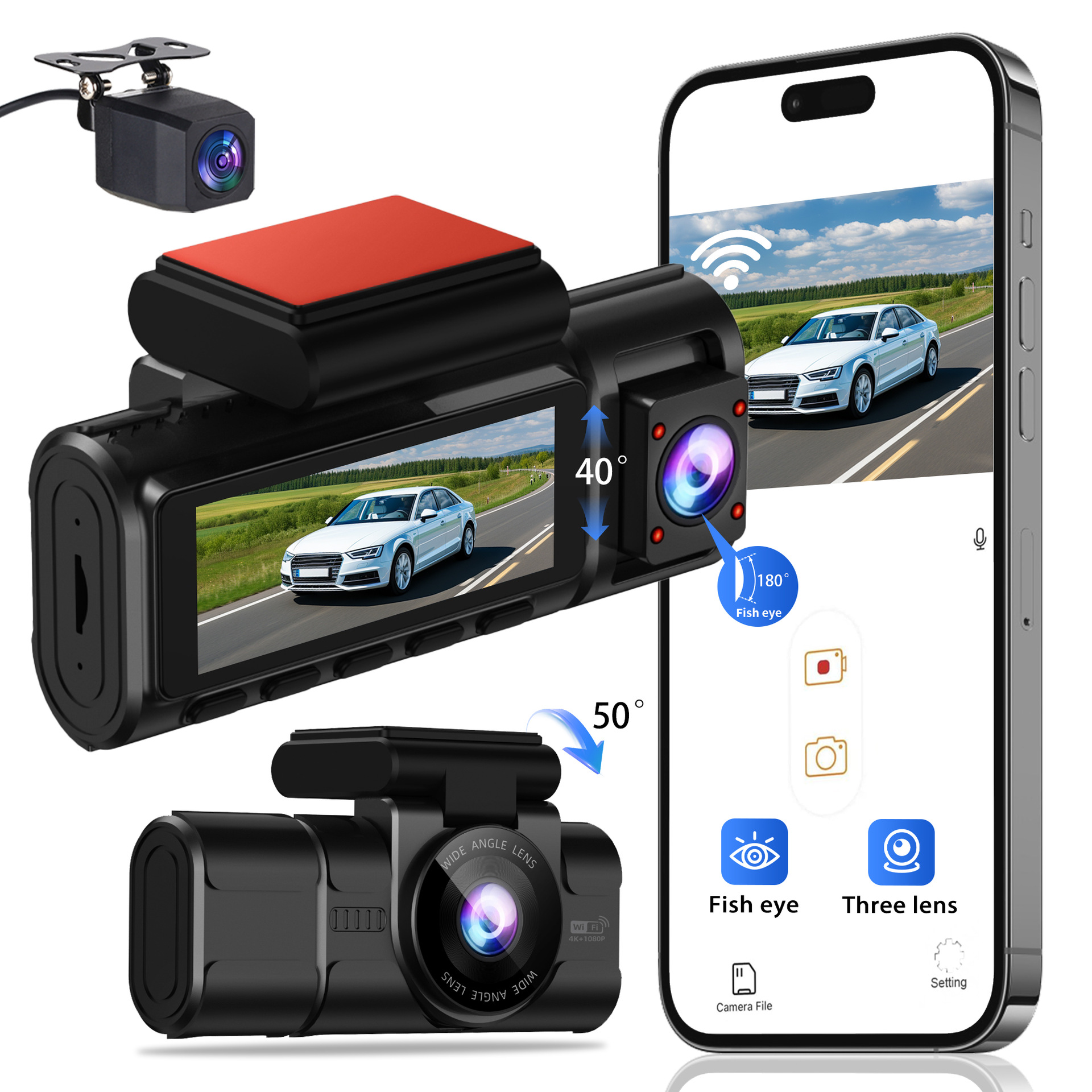 4K Ultra Hd Three Lens Driving Recorder Super Night Vision Wifi In-Car 180 ° Fish Eye 4K+1K+1K