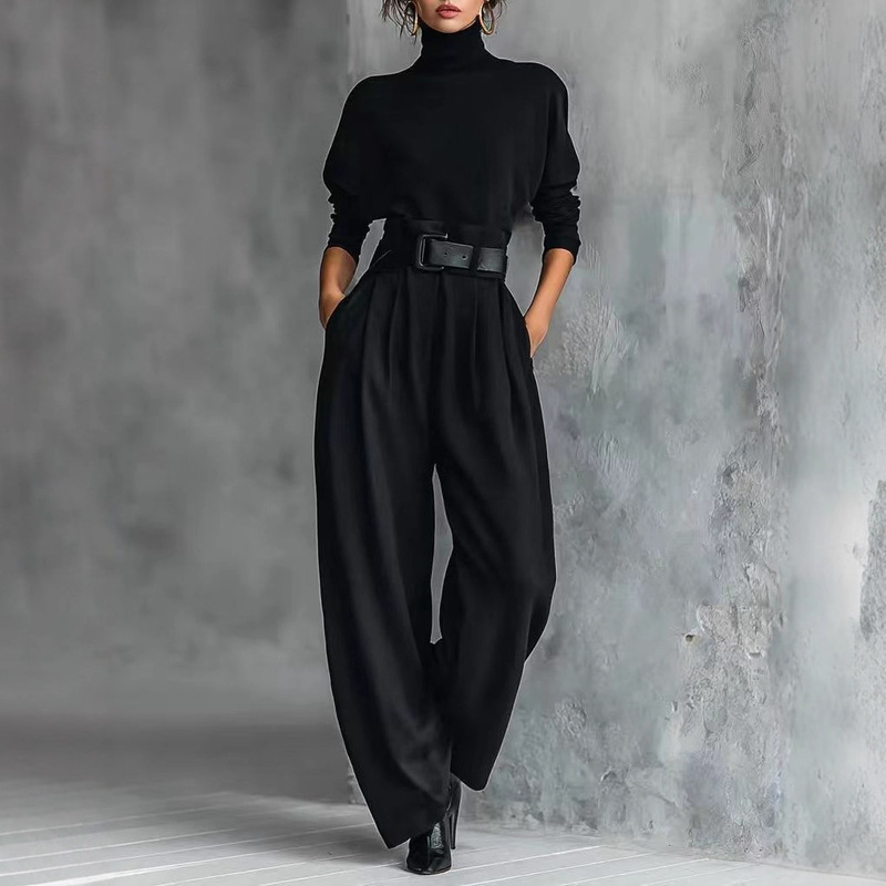 2025 Spring and Autumn New Style High Collar De Jong Long Sleeves and High Waist with Belt Trousers and Casual Fashion Suit for Women