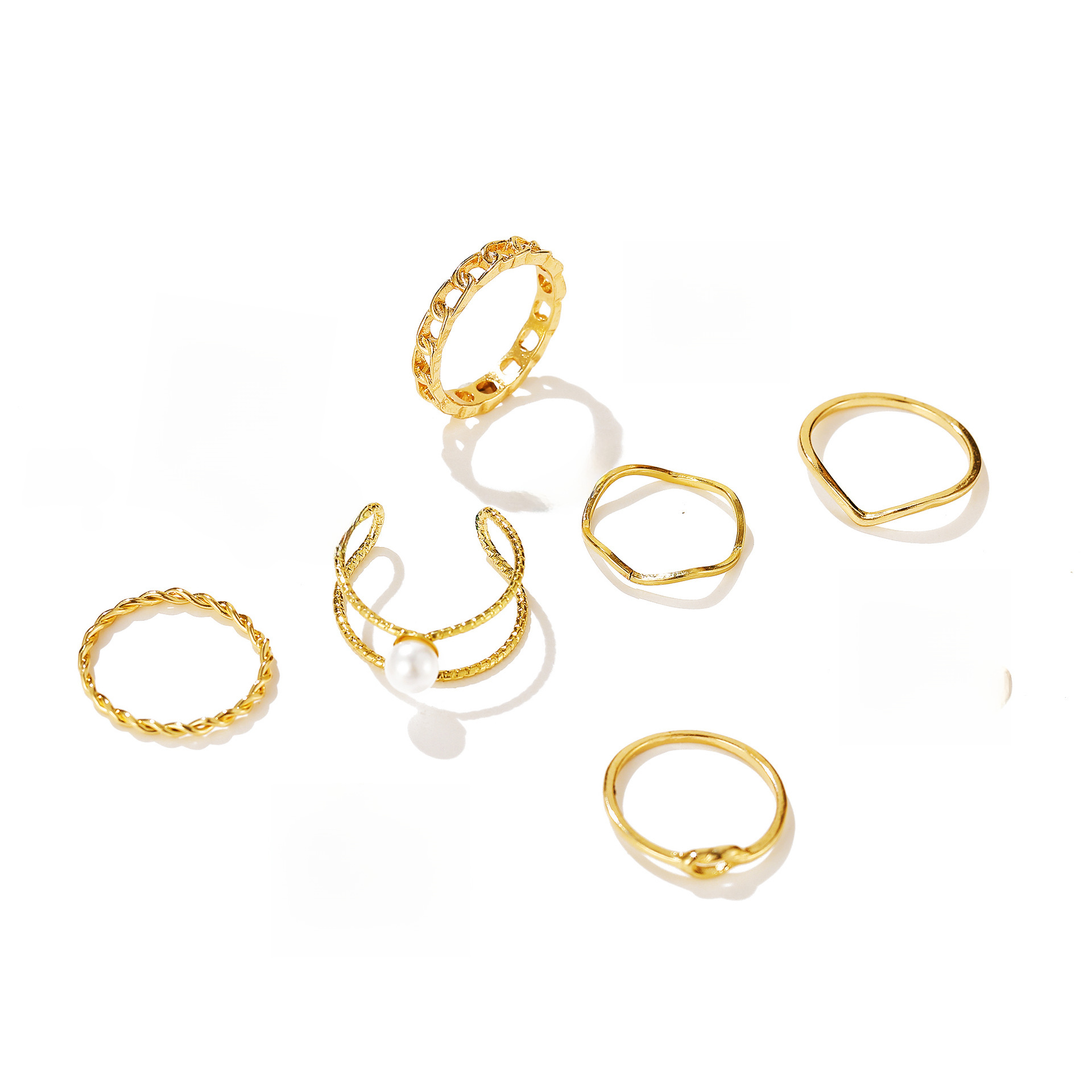 ins cold style alloy 10-piece ring set creative simple pearl joint ring golden finger ring_voghion.com
