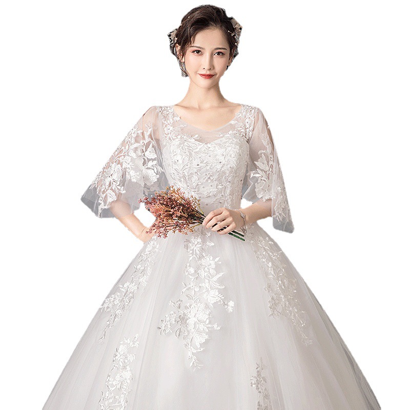Vestido de novia de manga larga estilo 2026, de cintura alta y cola, para novias jóvenes, delgadas y pequeñas, vestido de boda de una pieza, venta al por mayor.
