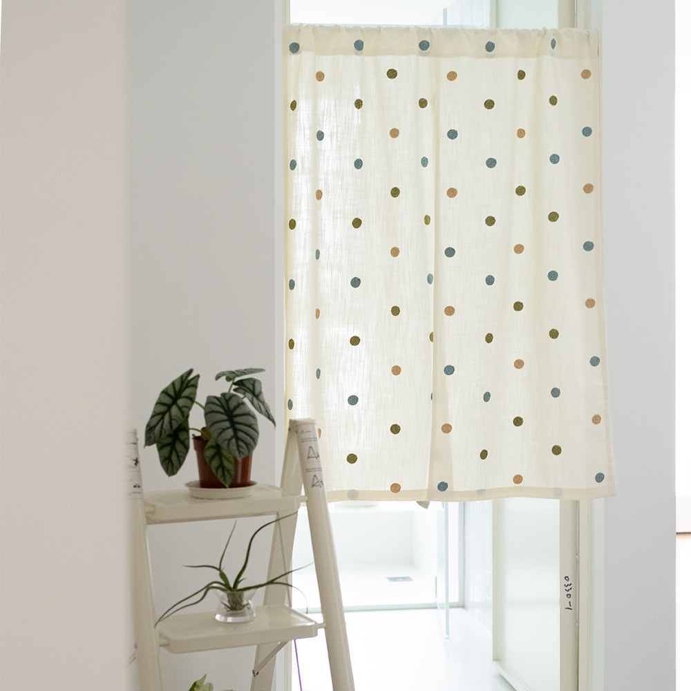 HEGALY Dot Embroidered Cotton and Linen Japanese Style Sliced Wear Rod Door Curtain Simple Korean Style Wave Dot Punch-Free Half Curtain Partition