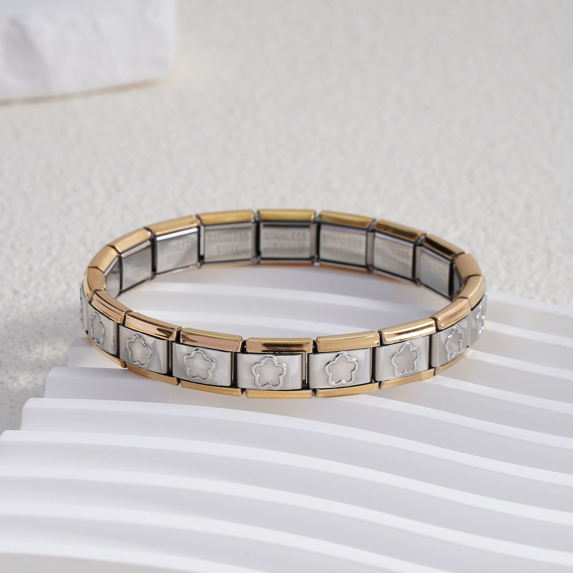 stainless steel bracelet, removable elastic link watch strap, italian european style, assorted charms