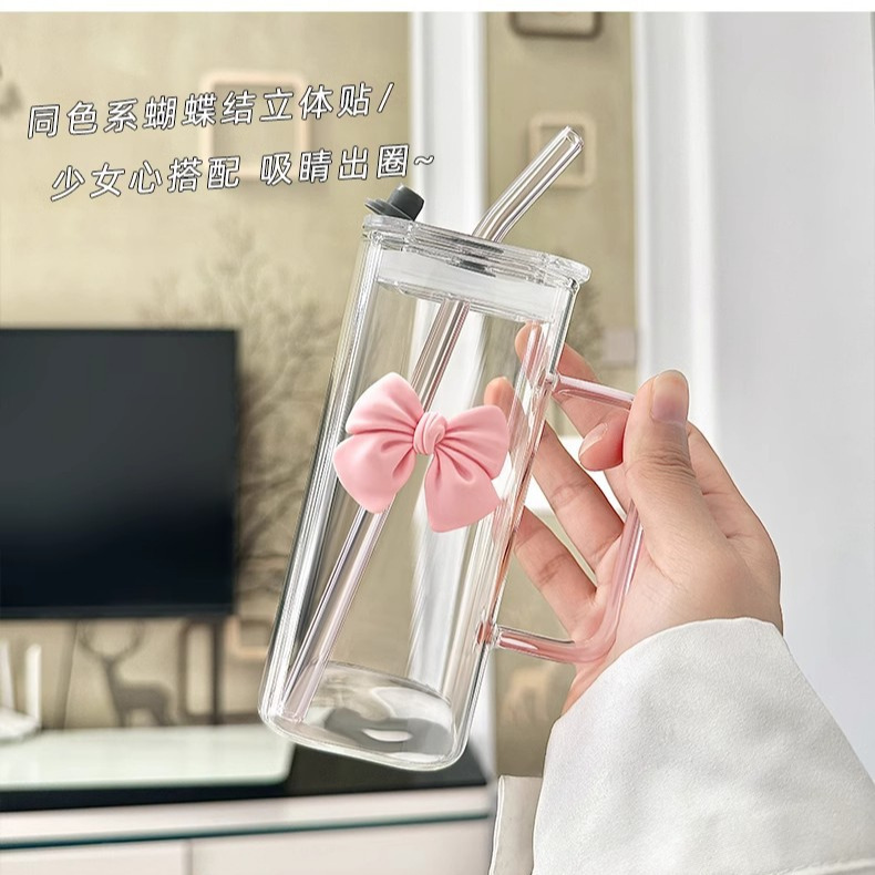 Transparent square coffee glass with glass with bow
