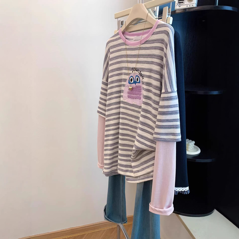 Plus-Size Foreign Trade 120kg Striped Youthful Embroidered Color-Blocking Fake Two-Piece Long-Sleeve T-Shirt Women's Designer Top