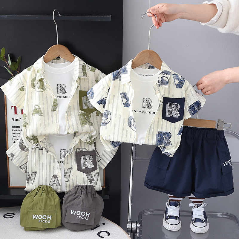 Cross-Border Boys Summer Short-Sleeved Suit 2025 New Handsome Baby Shirt Clothes Fashionable Children's Three-Piece Suit Trendy