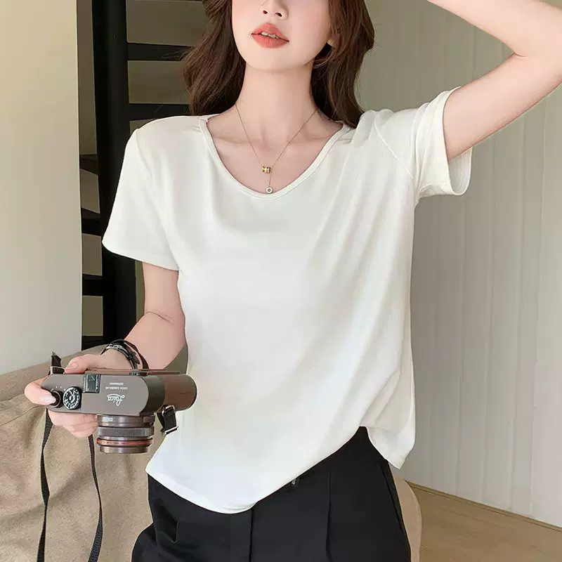 H783宽松慵懒风纯色大v领感短袖女t恤夏季新款休闲简约百搭显瘦潮