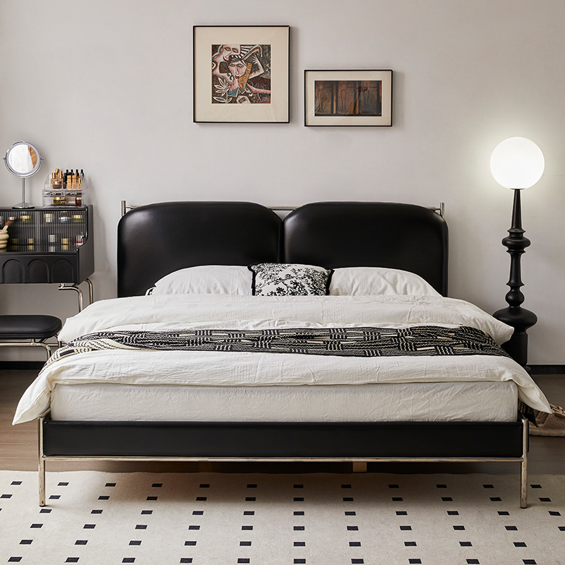 Hengwo cama de cuero negro de piel de vaca de la primera capa 2024 nueva cama Bauhaus cama principal cama de estilo antiguo cama de envoltura suave