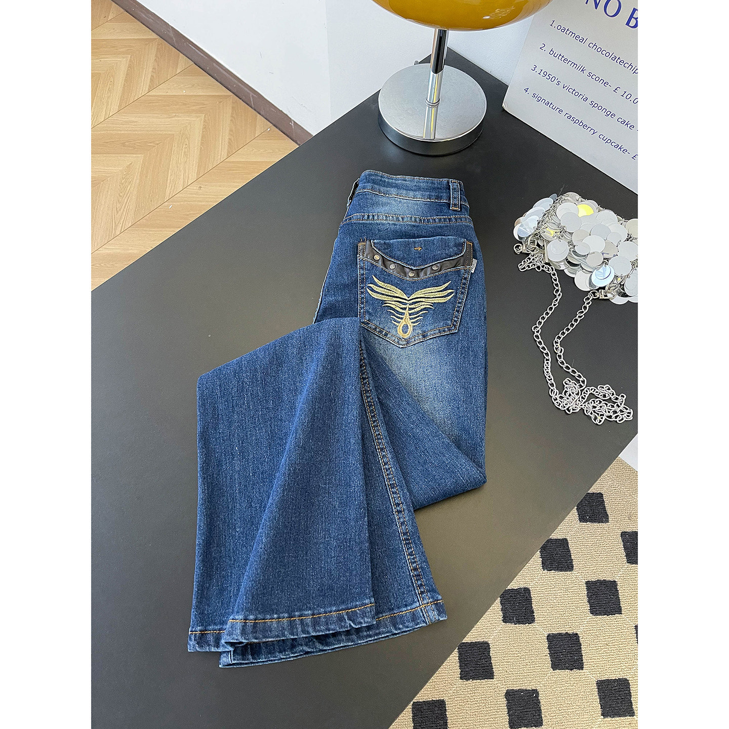 Women's Low Rise Straight Leg Jeans Embroidered Spicy Style Casual Trousers Spring Fashion With Pockets Slightly Flared Floor-Length_mkmklike.com