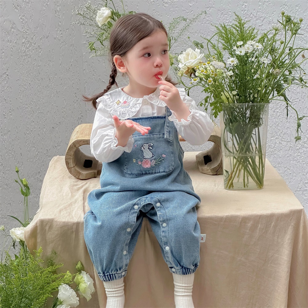 Traje de ropa de bebé 0-3 años, babero de mezclilla para niñas, top de manga larga, chaqueta de primavera y otoño de dos piezas