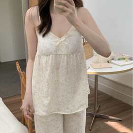 韩国ins女士夏季新品韩系小碎花家居服睡衣吊带套装带胸垫批发女
