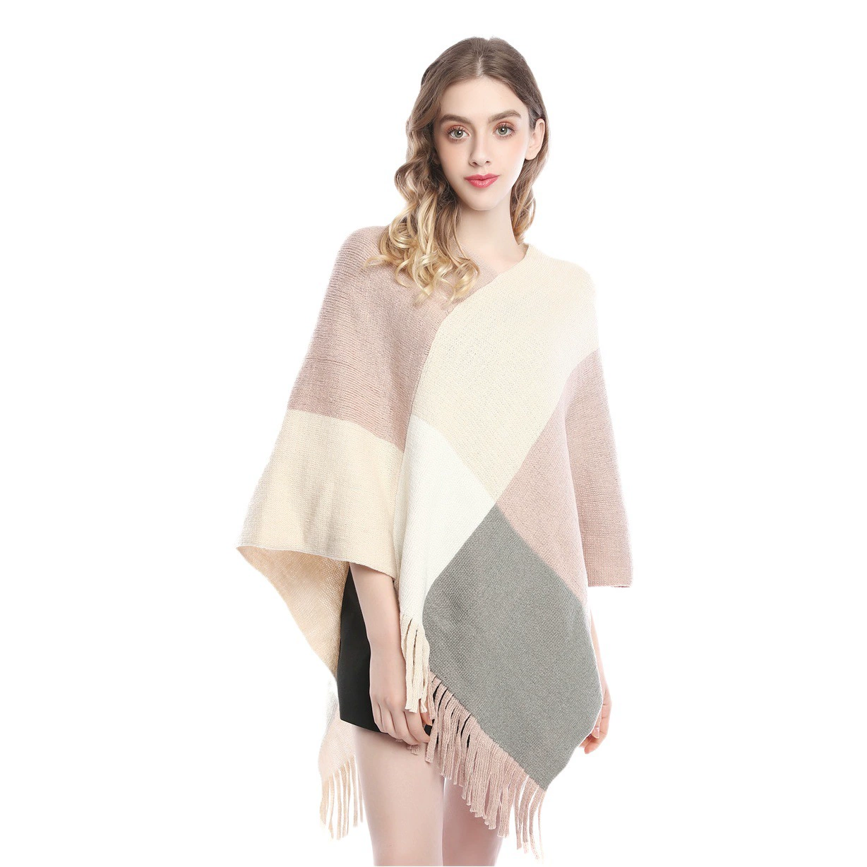 Европейская и американская мода женская одежда контрастный цвет шаль накидка свитер осень и зима пуловер летучая мышь рубашка свитер пальто